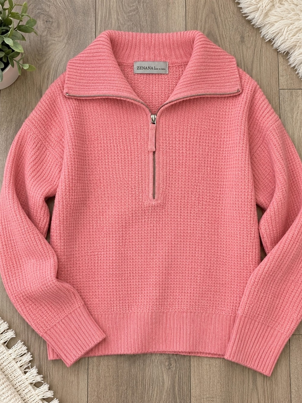 Zenana Outfitters Pink Half-Zip Waffle Knit Sweater